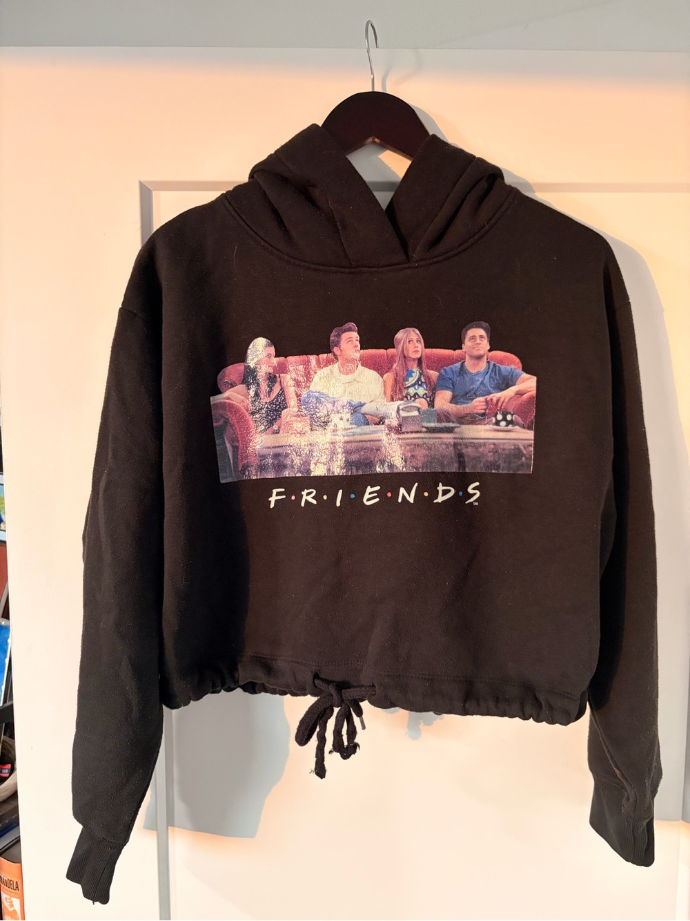 FRIENDS Black Cropped Hoodie with Graphic Sofa Print